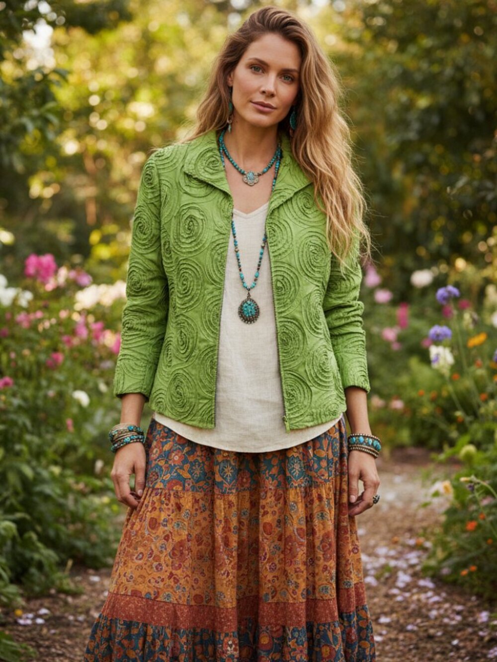Bleu Bayou S Blazer Jacket Lime Green Rosette Textured Zip Coastal Artsy Boho
